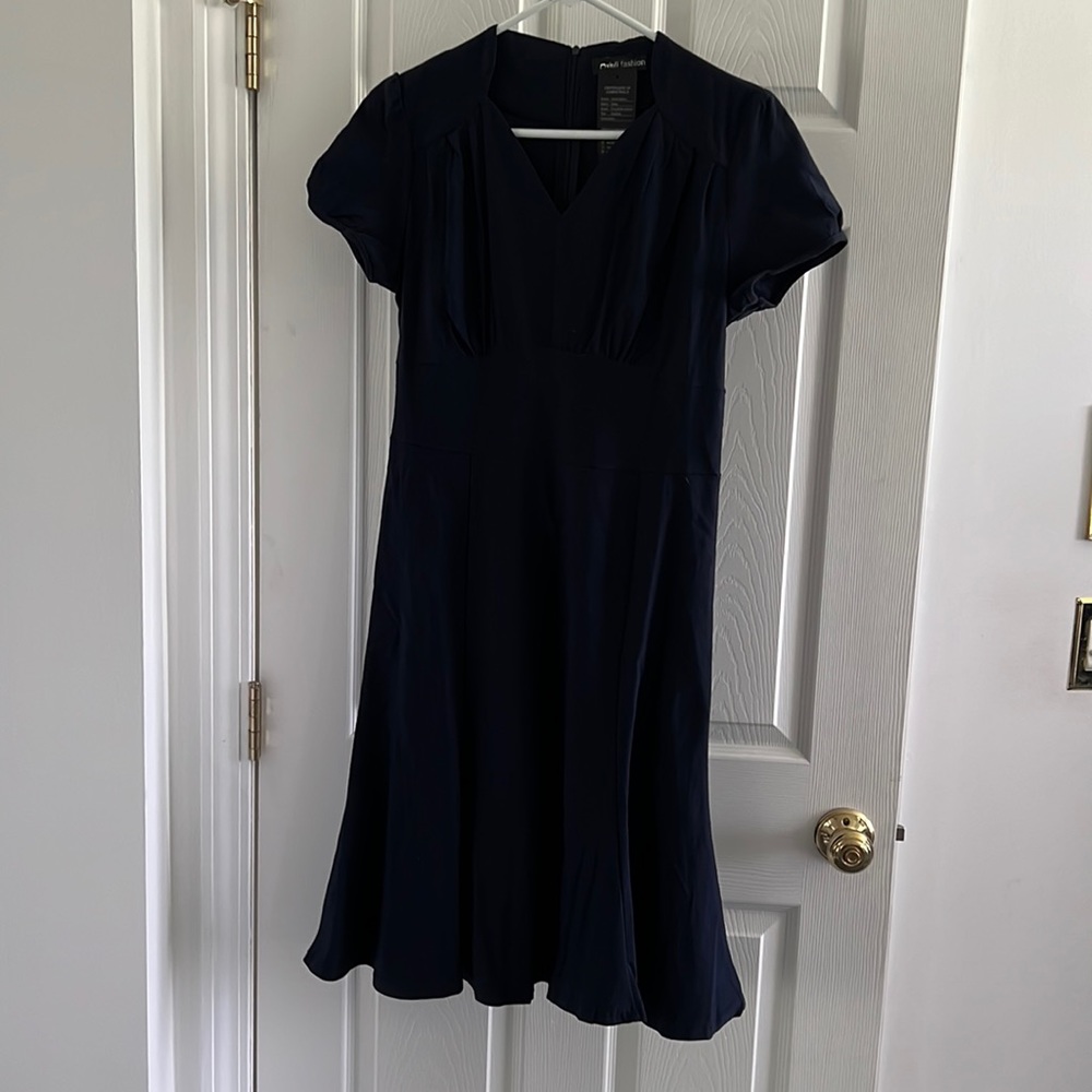 Navy blue, cap sleeved 1940s style shirt dress